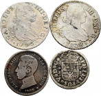 Lot of 4 Spanish silver coins, 1 real Felipe V 1738 Seville, 2 reales Carlos IV 1808 Seville, 2 relaes Carlos IV 1793 Seville and 1 peseta Alfonso XII...
