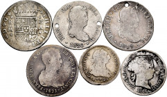 Lot of 6 silver coins of the Spanish Monarchy; 1 of Philip V, 1 of Charles III, 3 of Ferdinand VII and 1 of Elizabeth II. TO EXAMINE. Almost F/Choice ...