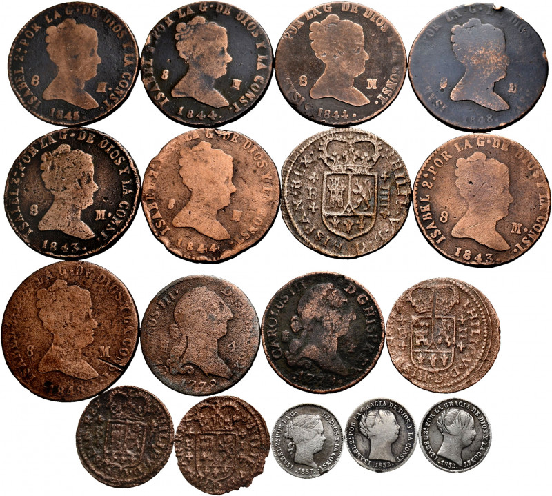 Lot of 34 pieces, 28 of different Bourbon coppers and 6 pieces of 1 real of Eliz...