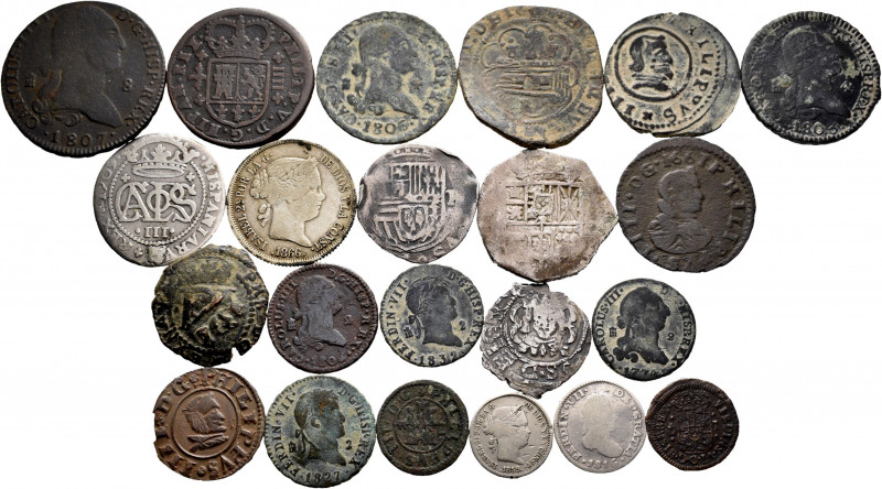 Lot of 22 Spanish coins of different values and dates, 7 silver and 15 copper. T...