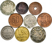 Lot of 9 coins of the II Republic, 1 of 5 centimes, 3 of 25 centimes, 2 of 50 centimes and 3 of 1 peseta. TO EXAMINE. Choice VF/AU. Est...60,00. 

S...