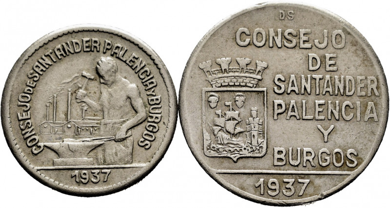 Lot of 2 coins from the Civil War (Santander, Palencia and Burgos); 1 peseta and...