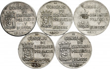 Lot of 5 coins of 1 peseta from the Civil War (Santander, Palencia, Burgos). TO EXAMINE. Choice VF/Almost XF. Est...50,00. 

Spanish Description: Lo...