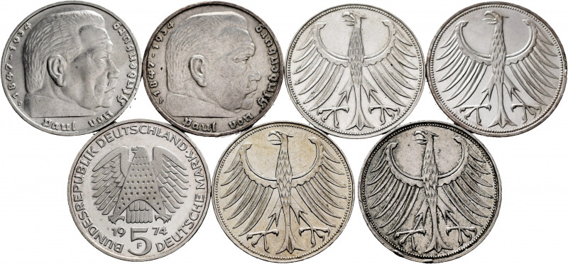 Lot of 7 coins from Germany. 5 Marks 1936 F, D; 1957 F, 1959 J 1960 G, 1972 F an...