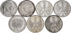 Lot of 7 coins from Germany. 5 Marks 1936 F, D; 1957 F, 1959 J 1960 G, 1972 F and 1974. Ag. TO EXAMINE. VF/PR. Est...100,00. 

Spanish Description: ...