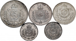 Lot of 5 coins from Brazil. 200 Reis 1857-1868, 500 Reis 1855-1889 and 1000 Reis 1853. Ag. TO EXAMINE. VF/Almost XF. Est...75,00. 

Spanish Descript...