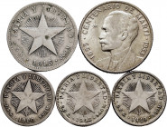 Lot of 5 from Cuba. Variety of values and dates. Ag. TO EXAMINE. Choice F/Almost XF. Est...40,00. 

Spanish Description: Lote de 5 monedas de Cuba. ...