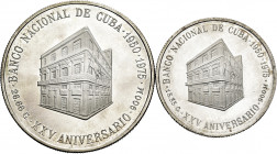 Lot of 2 silver coins from Cuba of the XXV Anniversary of the National Bank (5 pesos and 10 pesos). TO EXAMINE. Est...25,00. 

Spanish Description: ...