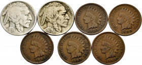 Lot of 7 United States coins, 1 cent (5) and 5 cent (2). TO EXAMINE. VF. Est...35,00. 

Spanish Description: Lote de 7 monedas de Estados Unidos, 1 ...