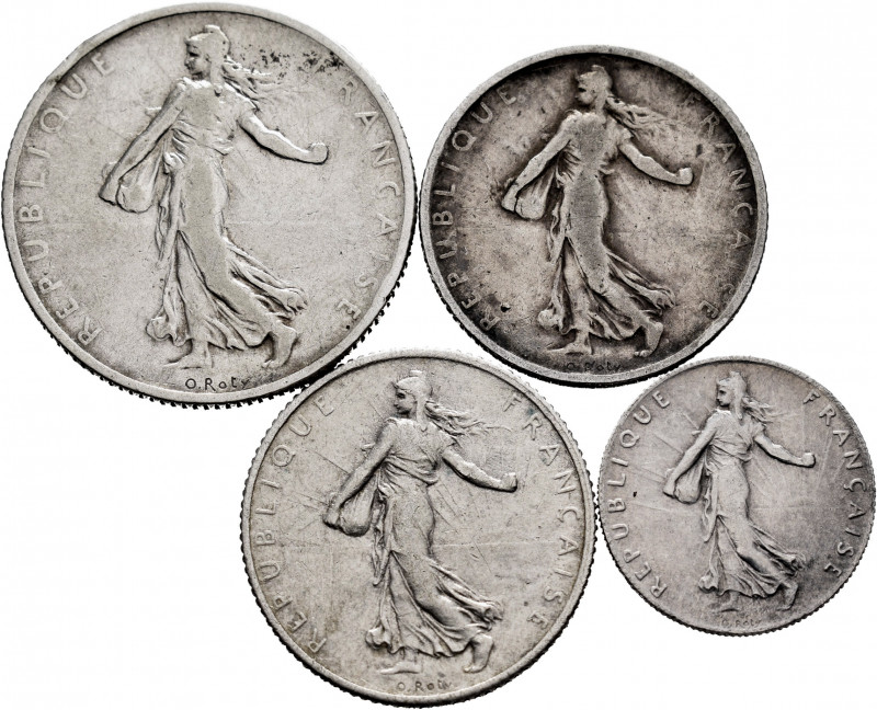 Lot of 4 coins from France. 50 Centimes 1907, 1 Franc 1901-1909 and 2 Francs 190...