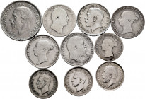 Lot of 10 coins from Great Britain. Variety of values, dates and Kings. Ag. TO EXAMINE. Almost F/Choice VF. Est...50,00. 

Spanish Description: Lote...