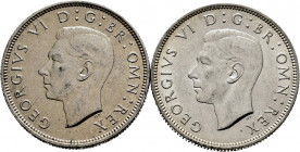 Lot of 2 coins from Great Britain. George VI, 2 Shillings 1937 and 1946. Ag. TO EXAMINE. Choice VF/XF. Est...25,00. 

Spanish Description: Lote de 2...