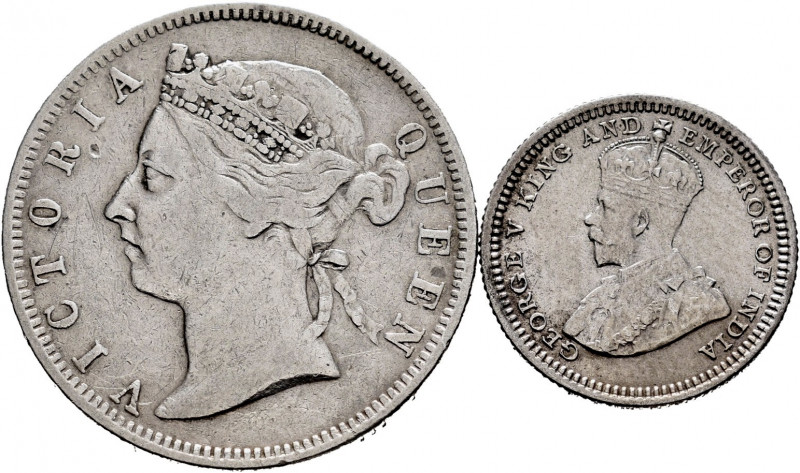 Lot of 2 Hong Kong coins. Victoria, 20 Cents 1895 (km # 7) and Edward V, 5 Cents...