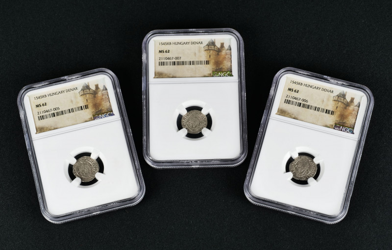 Lot of 3 coins Hungarian coins of 1 denier 1545KB, all encapsulated by NGC as MS...