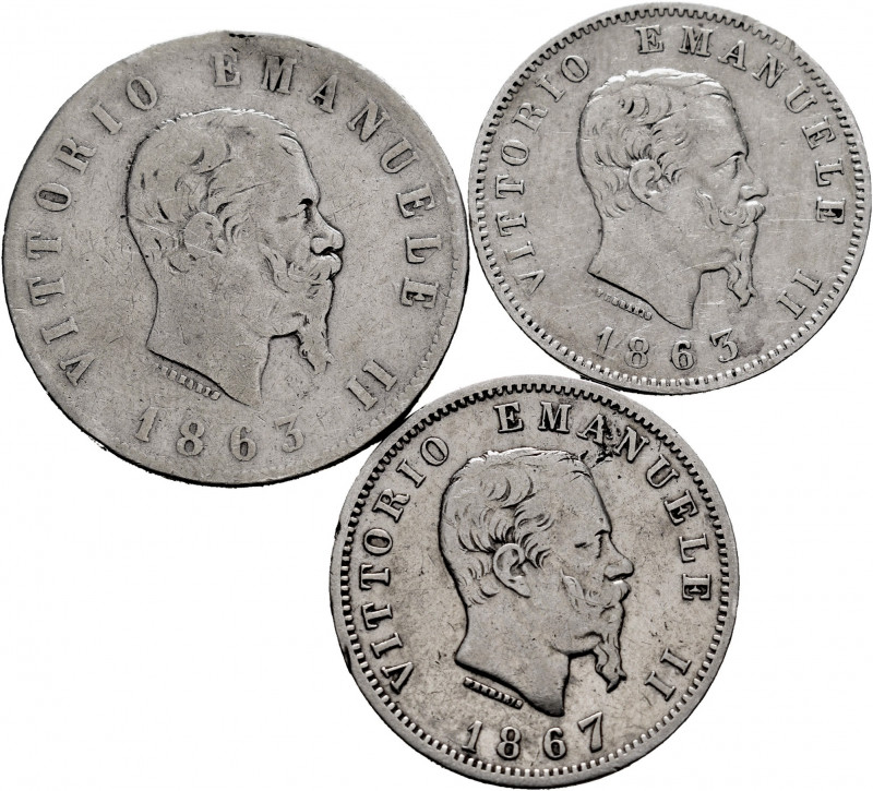 Lot of 3 coins from Italy. Vittorio Emanuele II, 1 Lire 1863-1867 M-BN and 2 Lir...