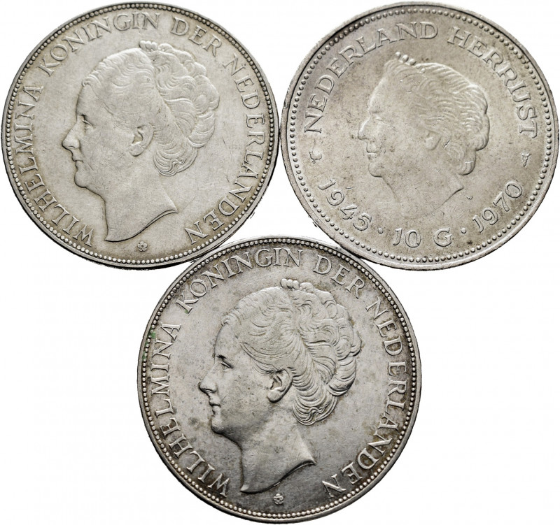Lot of 3 Dutch silver coins, 2 of 2 1/2 gulden (1931, 1930) and 1 of 10 gulden 1...