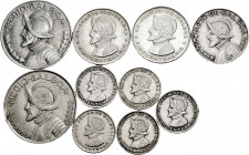 Lot of 10 Panama silver coins, 5 of 1/10 balboa, 3 of 1/4 balboa, 2 of 1/2 balboa. TO EXAMINE. Almost VF/Choice VF. Est...60,00. 

Spanish Descripti...