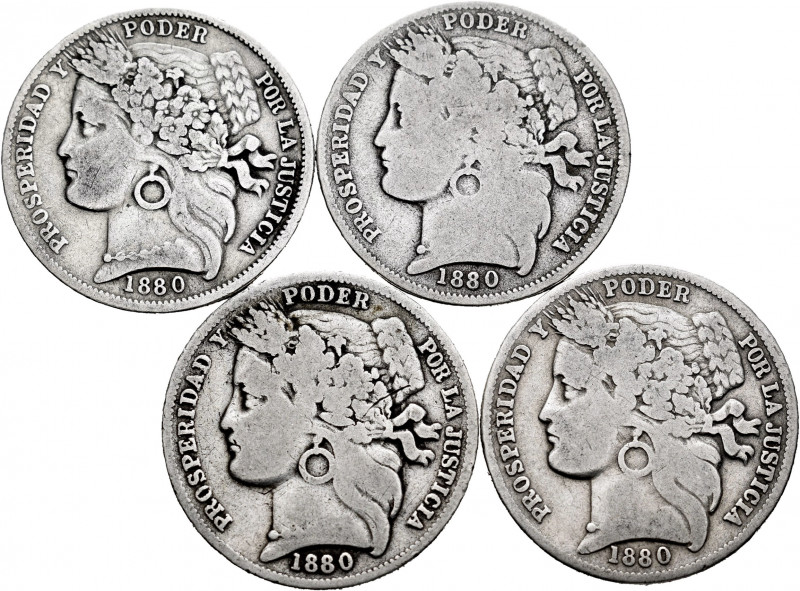 Lot of 4 coins of 1 peseta from Peru 1880. TO EXAMINE. F/Choice F. Est...30,00. ...
