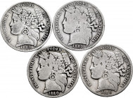 Lot of 4 coins of 1 peseta from Peru 1880. TO EXAMINE. F/Choice F. Est...30,00. 

Spanish Description: Lote de 4 piezas de 1 peseta de Perú 1880. A ...
