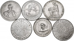 Lot of 6 Portuguese silver coins, 1 of 10 escudos, 1 of 20 escudos, 4 of 50 escudos. TO BE EXAMINED . AU. Est...100,00. 

Spanish Description: Lote ...