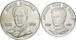 Lot of 2 silver coins of the 150th Anniversary of Simón Bolivar (75 and 100 bolívares). TO EXAMINE. Mint state. Est...45,00. 

Spanish Description: ...