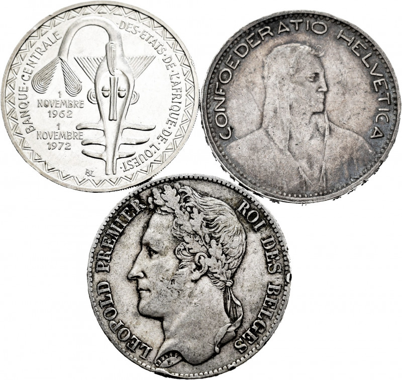 Lot of 3 silver coins; 5 francs 1848 Belgium, 5 francs 1923 Switzerland and 500 ...