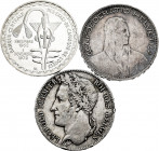 Lot of 3 silver coins; 5 francs 1848 Belgium, 5 francs 1923 Switzerland and 500 francs 1972 West African States. TO EXAMINE. Almost VF/XF. Est...70,00...