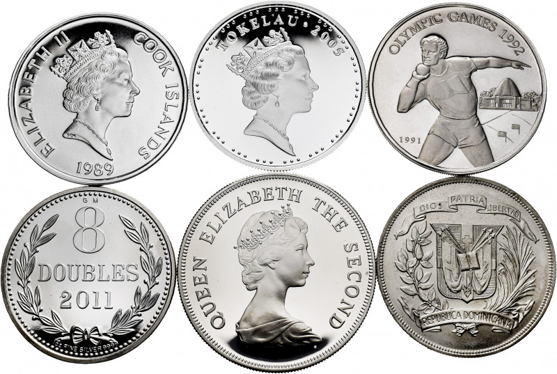 Lot of 6 silver coins from different countries, Guernsey, Cook Islands, Tokelau,...