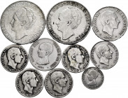 Lot of 10 silver coins, 8 Spanish (6 of Alfonso XII and 2 of Alfonso XIII, among them the 50 cents 1892*2-2) and 2 Dutch (Wilhelmina). TO EXAMINE. Cho...