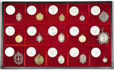 Collection of 35 Spanish religious medals from the 17th-20th century. Albacete, Alcalá de Henares, Bilbao (2), Cáceres, Cascante, Chioiona, Daroca, Ex...