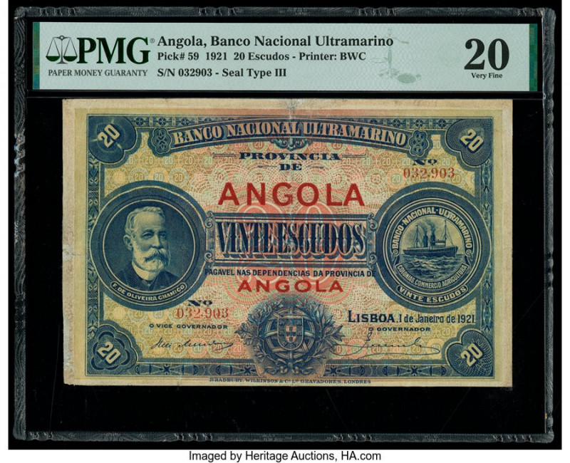 Angola Banco Nacional Ultramarino 20 Escudos 1.1.1921 Pick 59 PMG Very Fine 20. ...