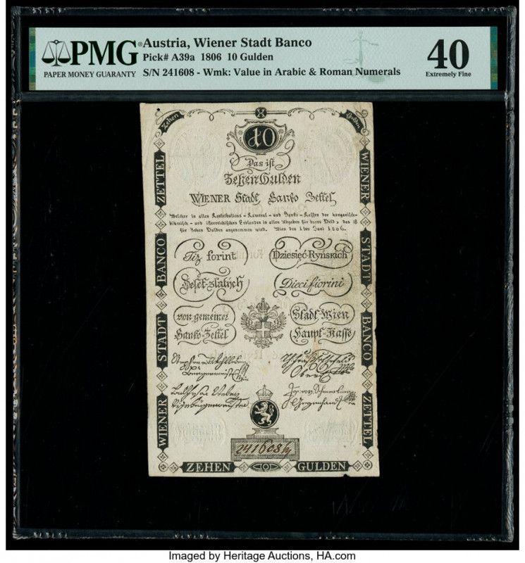 Austria Wiener Stadt Banco 10 Gulden 1806 Pick A39a PMG Extremely Fine 40. Annot...