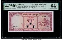 Cambodia Banque Nationale du Cambodge 20 Riels ND (1956-75) Pick 5cts Color Trial Specimen PMG Choice Uncirculated 64. Red Specimen overprints and thr...