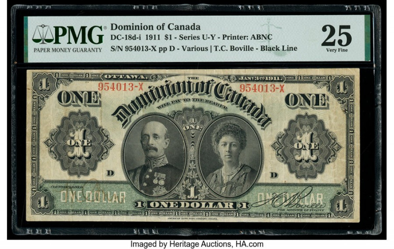 Canada Dominion of Canada $1 3.1.1911 Pick 27b DC-18d-i PMG Very Fine 25. Pinhol...