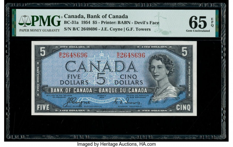 Canada Bank of Canada $5 1954 Pick 68a BC-31a "Devil's Face" PMG Gem Uncirculate...