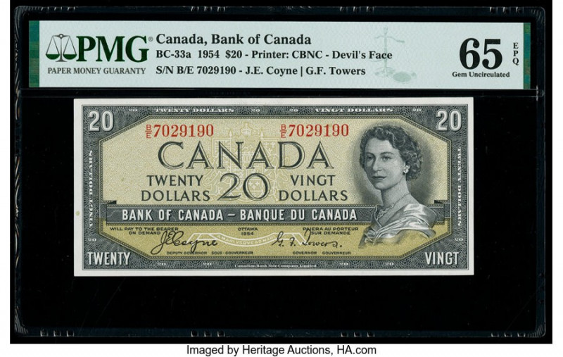 Canada Bank of Canada $20 1954 Pick 70a BC-33a "Devil's Face" PMG Gem Uncirculat...