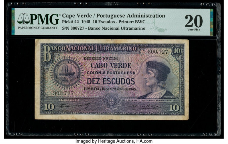 Cape Verde Banco Nacional Ultramarino 10 Escudos 16.11.1945 Pick 42 PMG Very Fin...