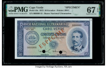 Cape Verde Banco Nacional Ultramarino 50 Escudos 4.4.1972 Pick 53s Specimen PMG Superb Gem Unc 67 EPQ. Red Especime overprints and two POCs are presen...