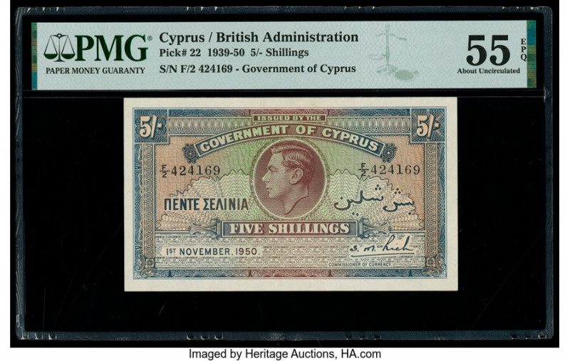 Cyprus Central Bank of Cyprus 5 Shillings 1.11.1950 Pick 22 PMG About Uncirculat...