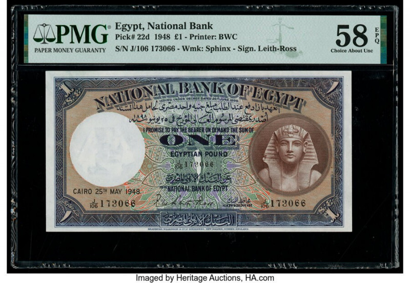 Egypt National Bank of Egypt 1 Pound 25.5.1948 Pick 22d PMG Choice About Unc 58 ...