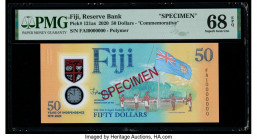 Fiji Reserve Bank of Fiji 50 Dollars 2020 Pick 121as Commemorative Specimen PMG Superb Gem Unc 68 EPQ. Red Specimen overprints are present on this exa...