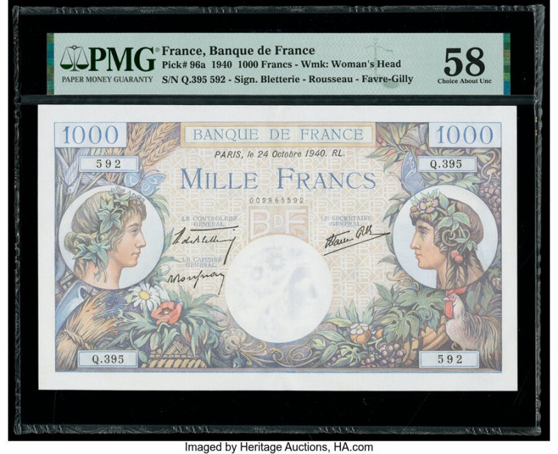 France Banque de France 1000 Francs 24.10.1940 Pick 96a PMG Choice About Unc 58....
