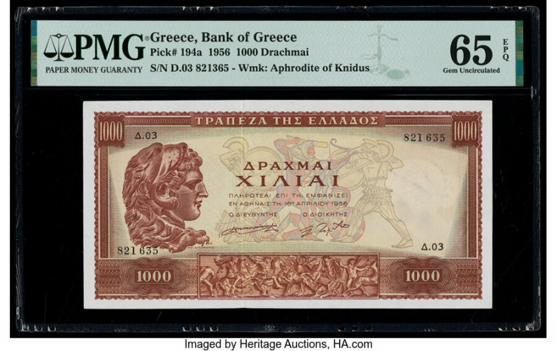Greece Bank of Greece 1000 Drachmai 1956 Pick 194a PMG Gem Uncirculated 65 EPQ. ...