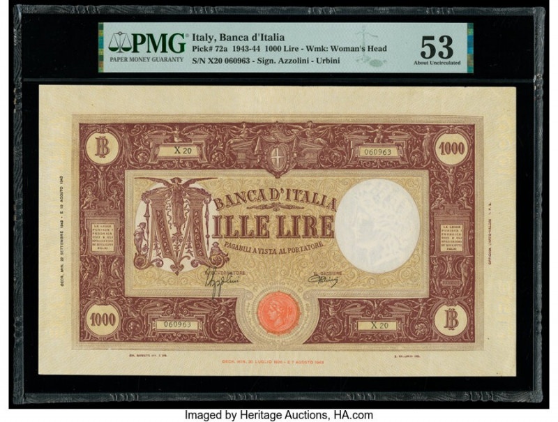 Italy Banco d'Italia 1000 Lire 10.8.1943 Pick 72a PMG About Uncirculated 53. 

H...