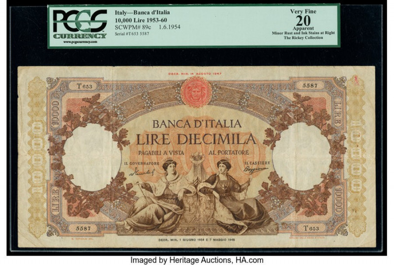 Italy Banco d'Italia 10,000 Lire 1.6.1954 Pick 89c PCGS Apparent Very Fine 20. M...