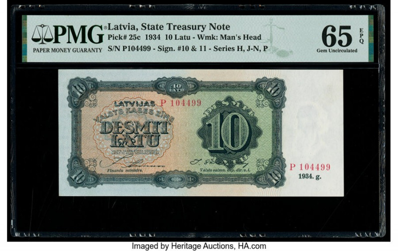 Latvia Latvian Government State Treasury Note 10 Latu 1934 Pick 25c PMG Gem Unci...