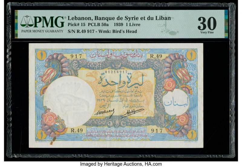 Lebanon Banque de Syrie et du Liban 1 Livre 1939 Pick 15 PMG Very Fine 30. Tears...