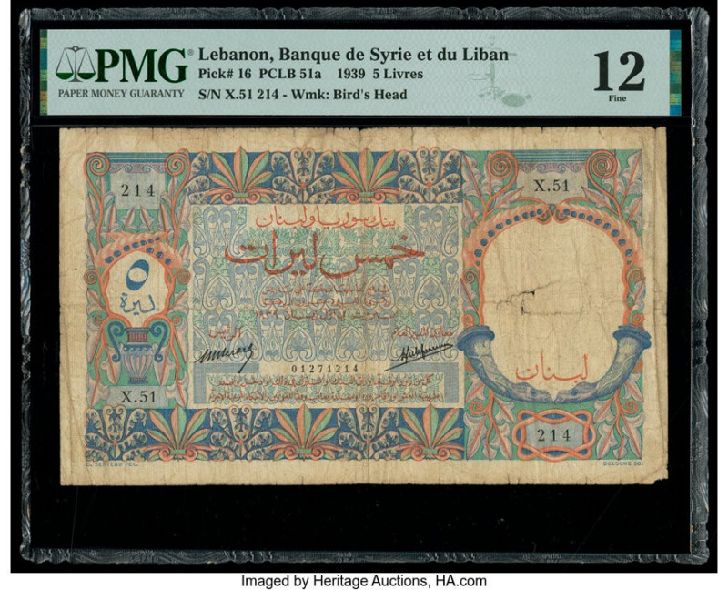 Lebanon Banque de Syrie et du Liban 5 Livres 1939 Pick 16 PMG Fine 12. 

HID0980...