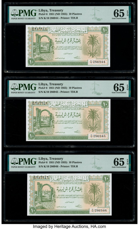 Libya Treasury 10 Piastres 1951 (ND 1955) Pick 6 Three Consecutive Examples PMG ...