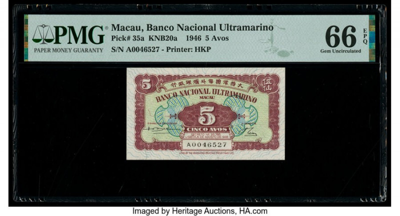 Macau Banco Nacional Ultramarino 5 Avos 1946 Pick 35a KNB20a PMG Gem Uncirculate...